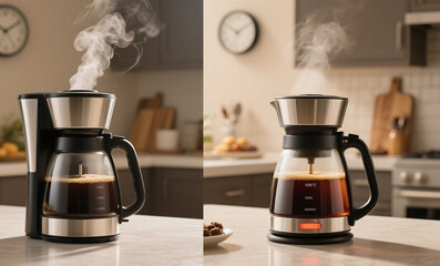 Side-by-Side Modern Coffee Makers with Transparent Thermal Carafes Showing Steam and Heat Retention in Cozy Kitchen Setting