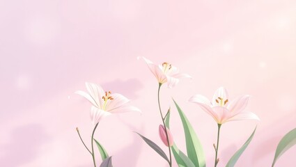A modern flat design wallpaper featuring stylized, delicate lily flowers with gentle, wispy petals and slender stems in a range of soft pastel hues, set against a dreamy, ethereal atmosphere artistic