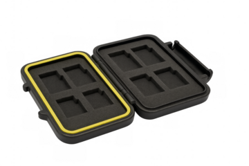 Open protective case holding multiple sd memory cards on transparent background