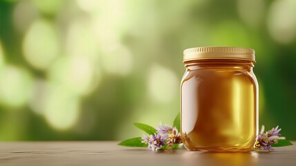 Honey jar sitting on wooden surface is displayed with purple wildflowers and bokeh background.