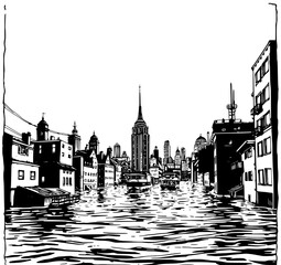 Fototapeta premium City in Crisis: A dramatic monochrome illustration captures the city's vulnerability to rising water levels. Towers and buildings reflect a scene of environmental consequence.