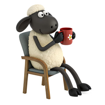 3D Illustration, A shaun the sheep Sit on a chair and sip coffee mug isolated on a transparent background