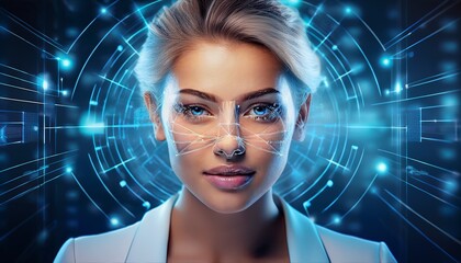 Frau mit biometrischer Gesichtserkennung – digitale Zukunftstechnologie zur Identifikation und Überwachung. - obrazy, fototapety, plakaty