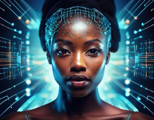 Frau mit biometrischer Gesichtserkennung – digitale Zukunftstechnologie zur Identifikation und Überwachung. - obrazy, fototapety, plakaty