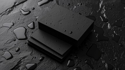 Sleek black business cards with droplet textures arranged on textured black background