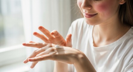 Fototapeta premium Young woman caring for her hands while sitting by the window indoors 