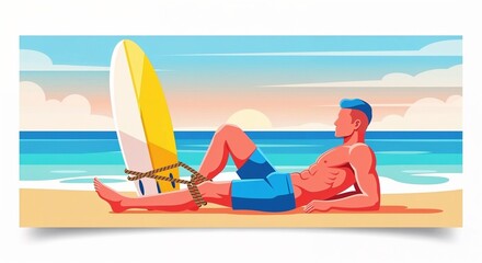 Obraz premium Young man relaxing on beach with surfboard during sunset 