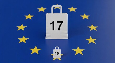 Shopping bag with numbers 17 and 18 on European Union flag background  
