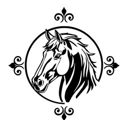 Fototapeta premium Elegant Horse Portrait: A striking black and white portrait of a horse, framed within a classic, circular emblem, is a testament to the animal's grace, elegance, and strength.