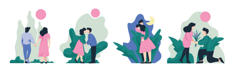 Man and Woman Couple Have Romantic Relationship Vector Set