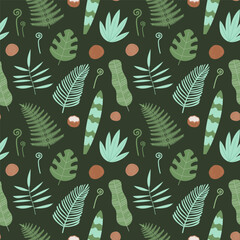 Tropical exotic plants pattern. Green leaf on black background. Hand-drawn vector illustration in flat style.