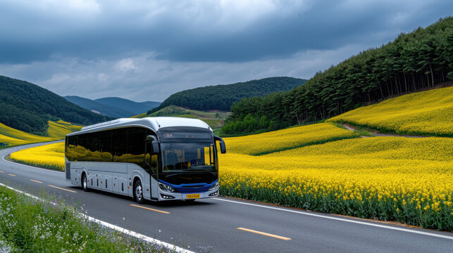 A large white bus is driving down a road with a yellow field in the background