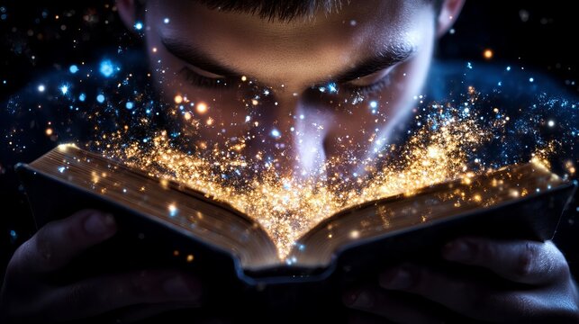 Man reads an open book with sparkling light emanating from its pages in a dark atmosphere.