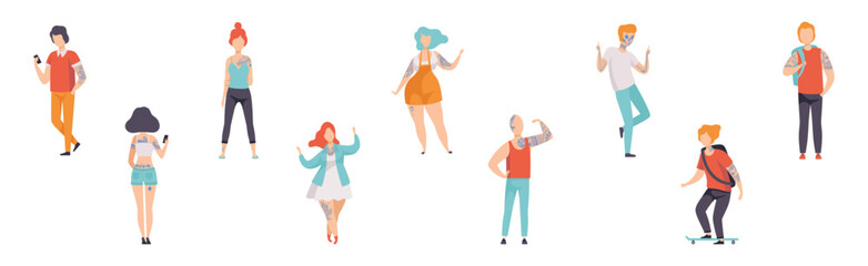 Tattooed or Inked Man and Woman in Standing Pose Vector Set