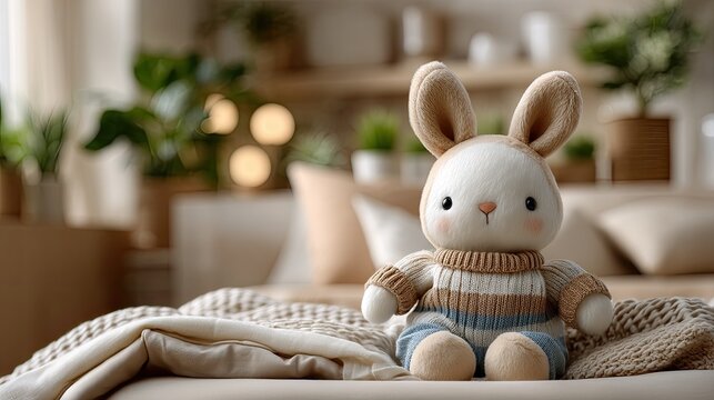 Knitted bunny toy sits on a pastel-colored bed with a cozy background, showcasing warm tones and natural lighting