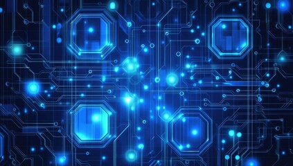 Abstract circuit board with glowing blue components