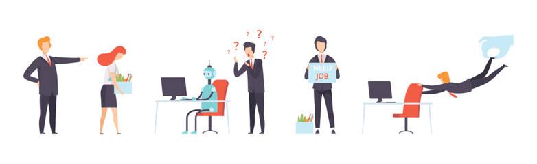 People Character Searching for Job and Office Work Vector Set