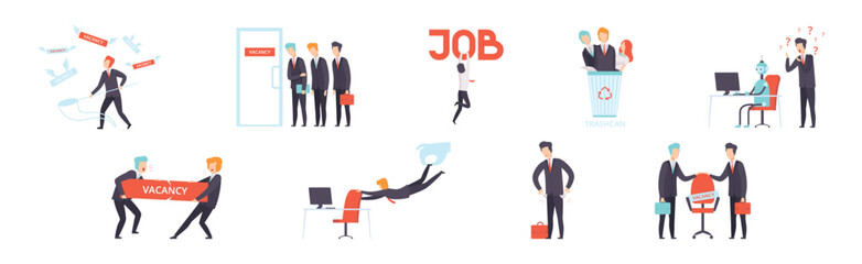 People Character Searching for Job and Office Work Vector Set