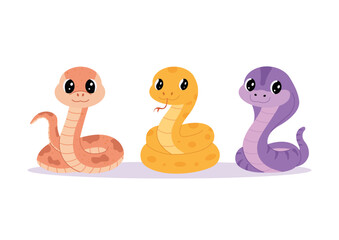 Vector set of three cute snakes in childish cartoon style.
