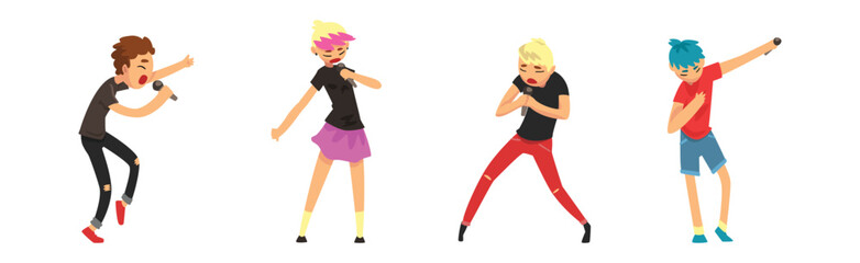 Man and Woman Singers with Microphones Performing on Stage Vector Set