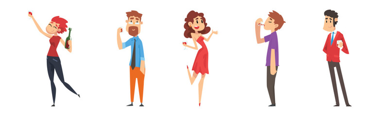 Man and Woman with Alcohol Drinking Spirits Relax at Bar Vector Set