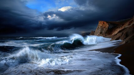 Fototapeta premium The ocean is rough and the sky is dark