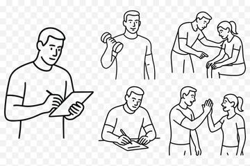  Personal Trainer & Fitness Coach Line Art Vector Set – Gym Training, Health Guidance & Workout Planning