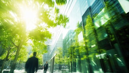 Urban oasis. Lush greenery and modern glass building meet. Blurred figures walk the city street