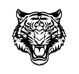 Fototapeta premium Fierce Tiger Illustration: A striking illustration captures the raw power and intensity of a roaring tiger, showcasing intricate details of its face in a powerful monochrome design.