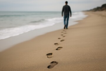 Footprints in Sand as Man Walks Along Seashore

