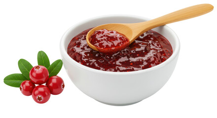 Isolated Bowl of Cranberry Sauce with Wooden Spoon