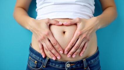 Naklejka premium young woman who makes a heart shape by hands on her stomach.