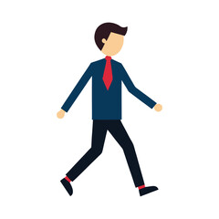 Minimalist illustration of businessman walking in suit and tie on white background