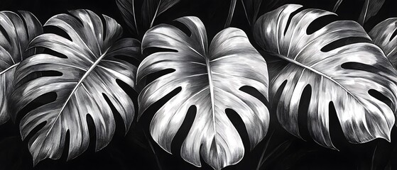Monochrome monstera leaves, dark background, nature print