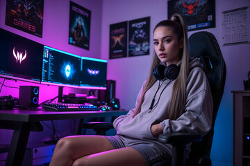 A beautiful young woman is sitting on a gaming computer chair.