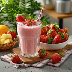 A refreshing strawberry smoothie is placed on a wooden board with a straw and mint, along with fresh strawberries and pine chunks, creating a tasty treat.