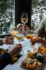 Friends having a dinner party with different kinds of appetizers and wine.