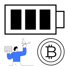Large battery icon, Bitcoin icon symbolizing cryptocurrency, individual analyzing graph. Ideal for energy, fintech, blockchain, innovation, analytics education sustainability. Flat simple metaphor