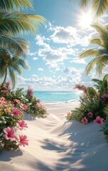 Fototapeta premium Tropical Beach Pathway Leading to Clear Blue Waters and Vibrant Flowers Under a Sunny Sky