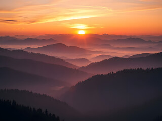 Obraz premium Sun rising and setting over misty mountain landscape with trees and clouds