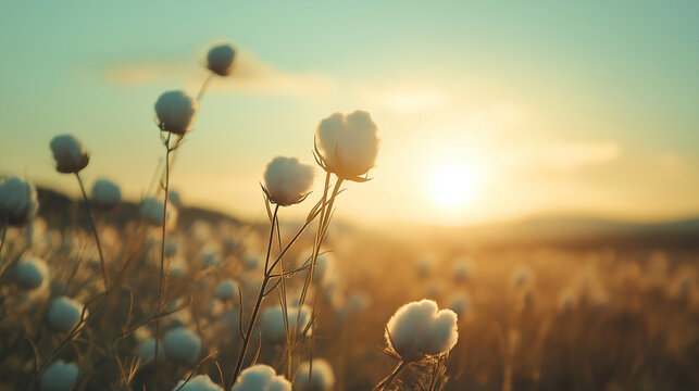 A bundle of raw cotton still attached to its plant, , showcasing the fluffy white fibers against dried brown stems for a natural, agricultural look at noon 
