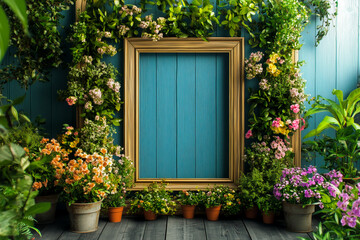 A large wooden frame on a blue wall surrounded by various flowers and plants