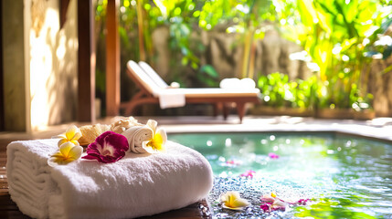 Close-up of white towels and colorful flowers by the pool at the spa