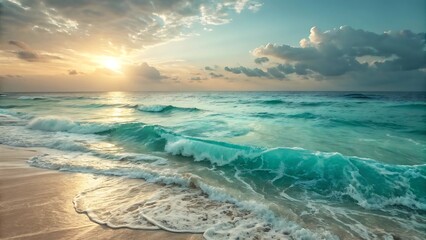 Sunset Over a Tropical Beach with Calm Sea and Colorful Sky