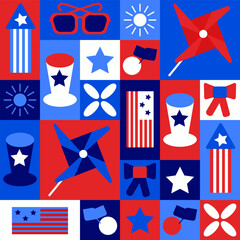 Seamless patriotic pattern with American flags, stars, hats, bows and fireworks in red, white and blue. This vector represents national pride, independence celebration and American holiday spirit