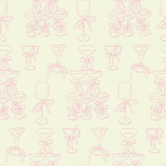 Seamless pattern of cocktail and wine glasses with bows in soft pink line art. This vector conveys elegance, celebration, and festive atmosphere in a minimalist style