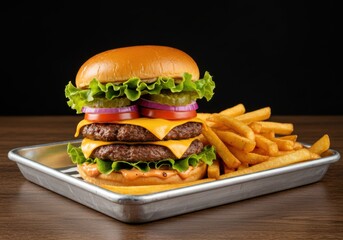 Double cheeseburger with fries on a metal tray