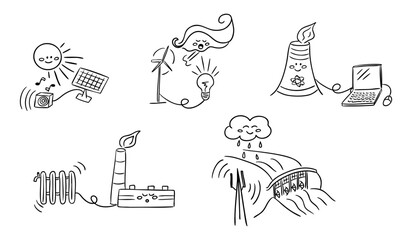 Cute doodle set of energy sources including solar, wind, hydro, nuclear and thermal power. This vector represents sustainability, eco awareness and clean energy generation