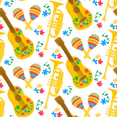Seamless pattern with mariachi guitars, maracas, trumpets and colorful flowers on white background. This vector represents Mexican culture, folk music and festive celebration