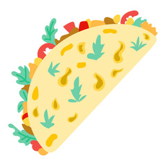 Flat vector illustration of a taco filled with vegetables, meat and herbs on white background. This vector represents Mexican cuisine, fast food and street food culture